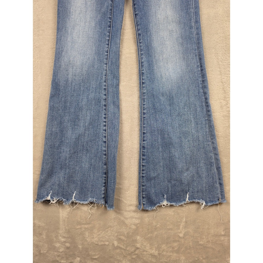 Risen Flare Jeans Womens 28/7 Blue High Rise Raw Hem Stretch Boho Bell RDP1292 - Picture 2 of 12